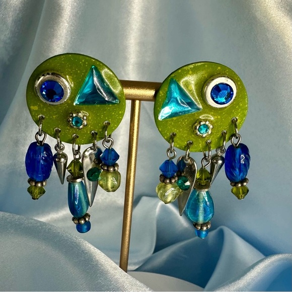 Whimsical Green & Blue Dangle Statement Earrings – Mixed Media Art Jewelry - Picture 4 of 10